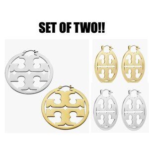 SET OF TWO!!!  Tory Burch Miller Logo Cutout Gold & SILVER Tone Hoop Earrings
